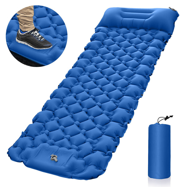 Blue Portable Inflatable Camping Sleeping Pad with Foot Pump