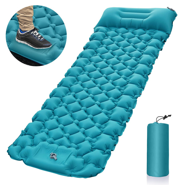 Peacock Blue Inflatable Camping Sleeping Pad with Foot Pump