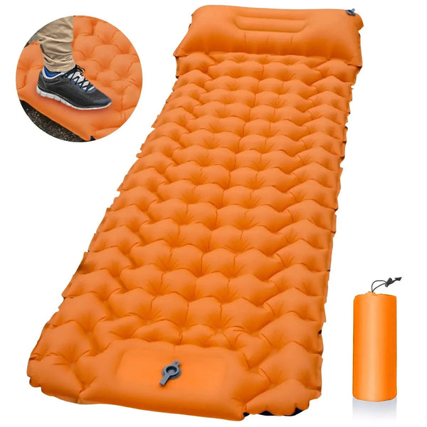 Orange Inflatable Outdoor Sleeping Pad with Foot Operated Pump