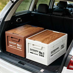 40cm White Multifunctional Foldable Storage Box with Wooden Lid - Collapsible Outdoor Camping Crate, Stackable Home Organizer with Side-Opening Doors for Car Trunk, Picnic and Pantry