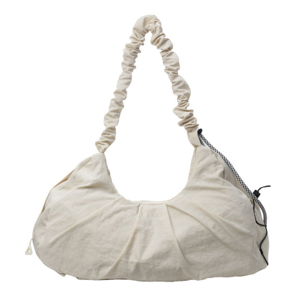 Beige Large Capacity Ruched Travel Duffel Bag - Stylish Yoga Mat Storage Shoulder Bag - Lightweight Gym Fitness Tote with Drawstring Detail for Weekend Getaways and Sports