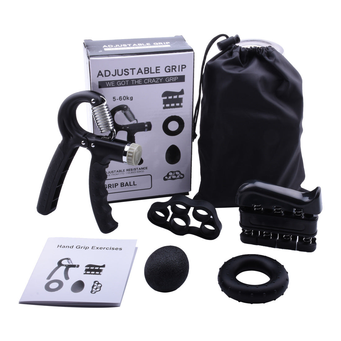 Black 5-Piece Hand Grip Strength Training Set – Adjustable Grip Exerciser, Silicone Grip Rings & Grip Ball