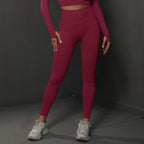 Size L Claret Red Seamless High-Waisted Yoga Pants for Women - Lift Workout Leggings for Running, Gym, and Fitness