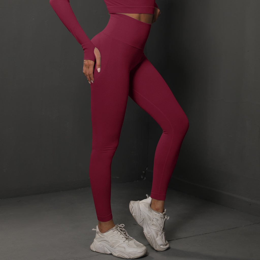 Size L Claret Red Seamless High-Waisted Yoga Pants for Women - Lift Workout Leggings for Running, Gym, and Fitness