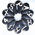 White Words On Black Background PU Leather Golf Iron Headcovers Set (10pcs) - Numbered Protective Club Covers (4-9, P, A, S, L) Universal Fit