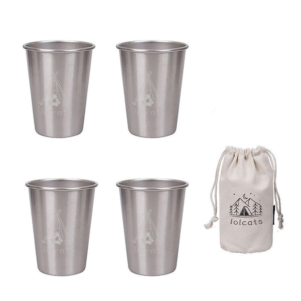 Silver Stainless Steel Camping Cup with Carrying Bag