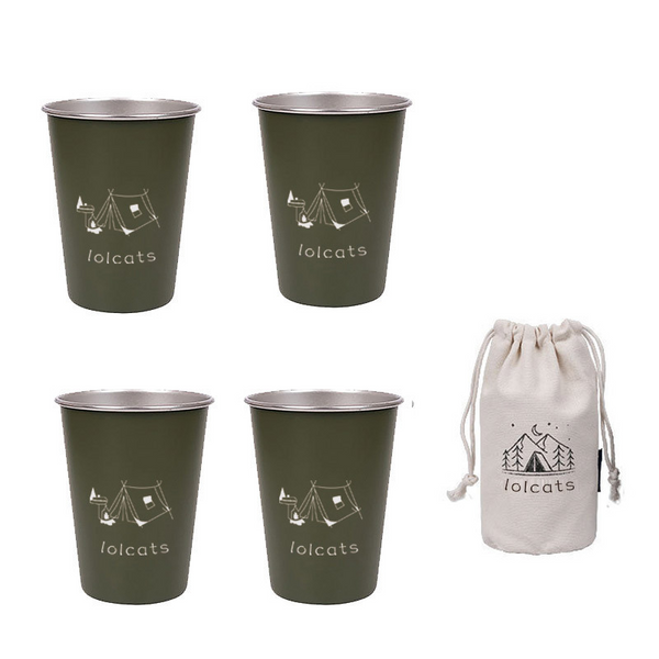 Green Stainless Steel Camping Cup with Carrying Bag