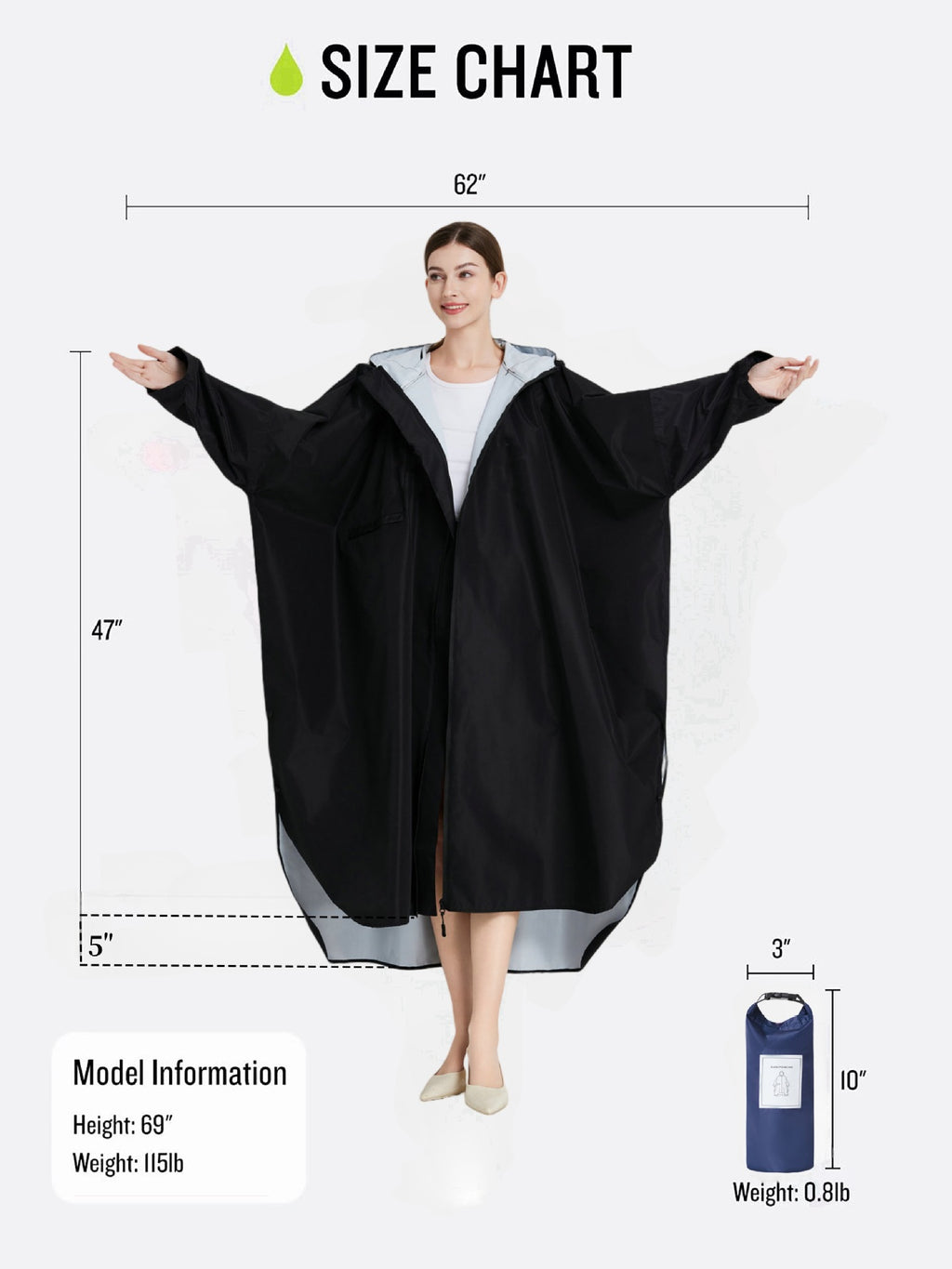 Dark blue Stylish Waterproof Raincoat Poncho - Long, Packable for Outdoor Travel & Hiking