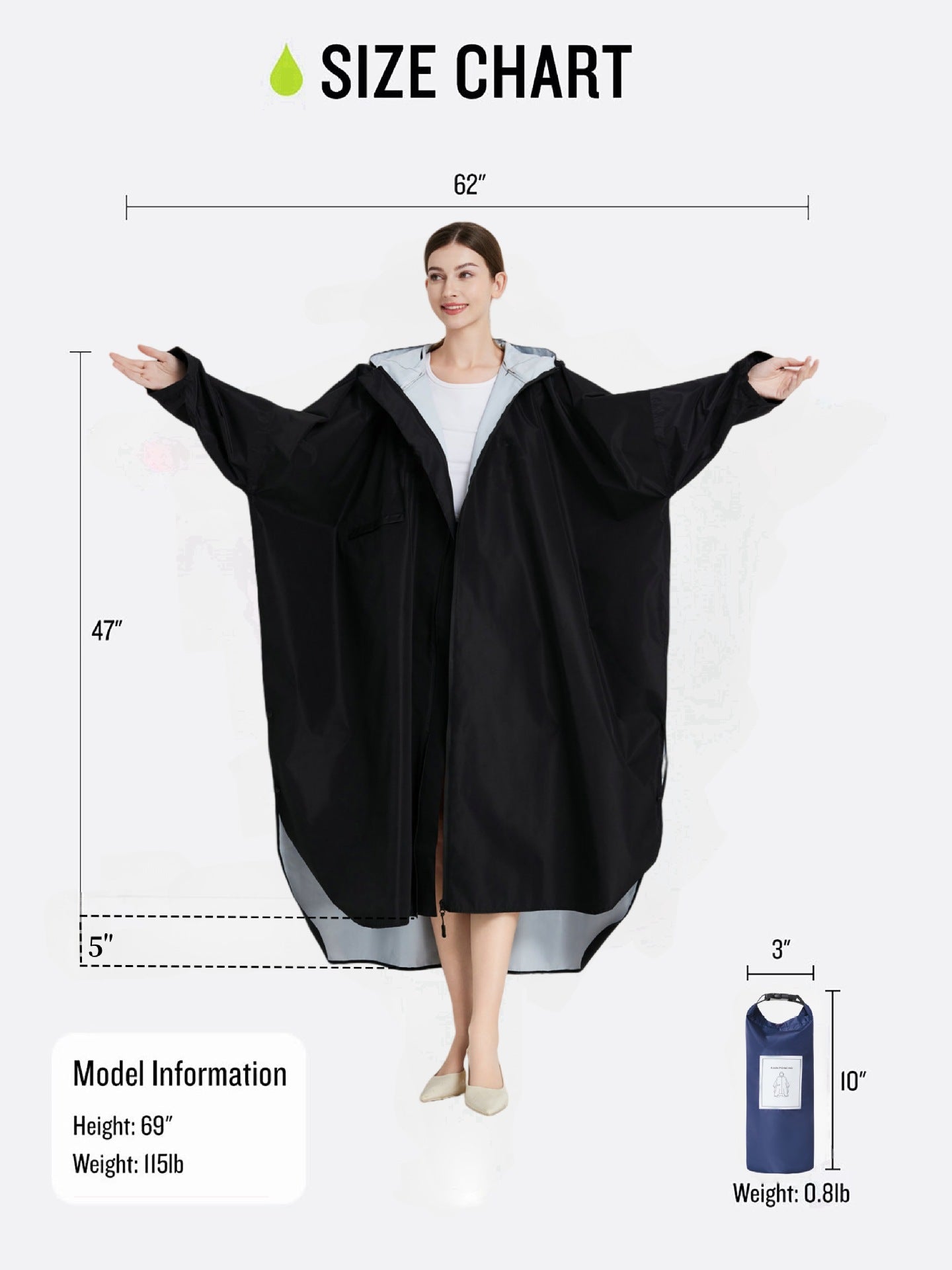 Sea blue Stylish Waterproof Raincoat Poncho - Long, Packable for Outdoor Travel & Hiking