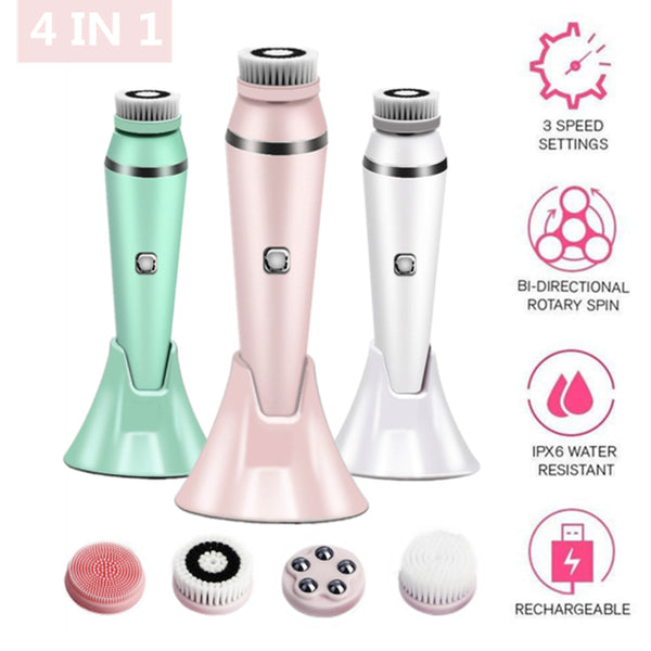 4-in-1 Electric Facial Cleansing Brush & Massager (Pink)