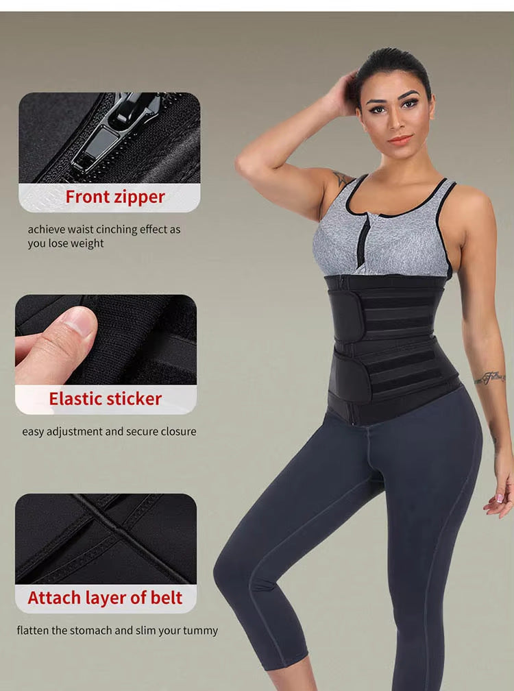Size L Black Womens Sweat-Enhancing Waist Trainer Belt - Dual Strap Zipper Tummy Control Cincher for Workout & Postpartum Shaping