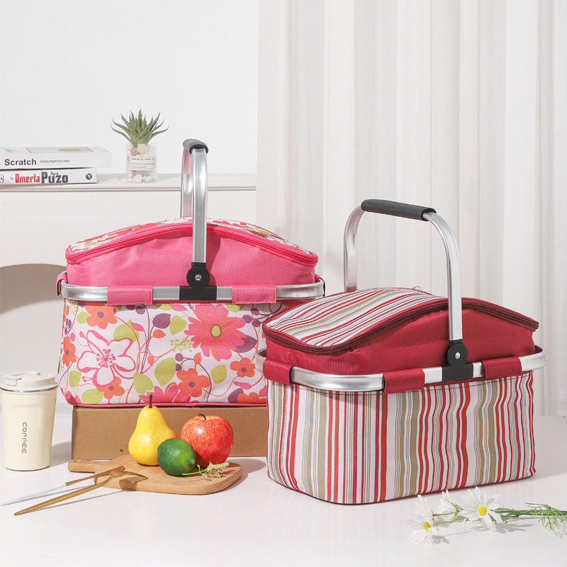 Pink and Floral Pattern Large 27L Foldable Insulated Picnic Basket Cooler Bag - Lightweight Thermal Hamper with Aluminum Handles for Outdoor, Shopping & Camping