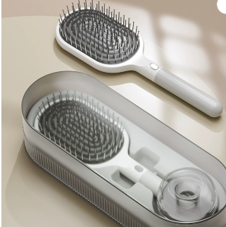 White Premium Self-Cleaning Hair Brush Set with Stand