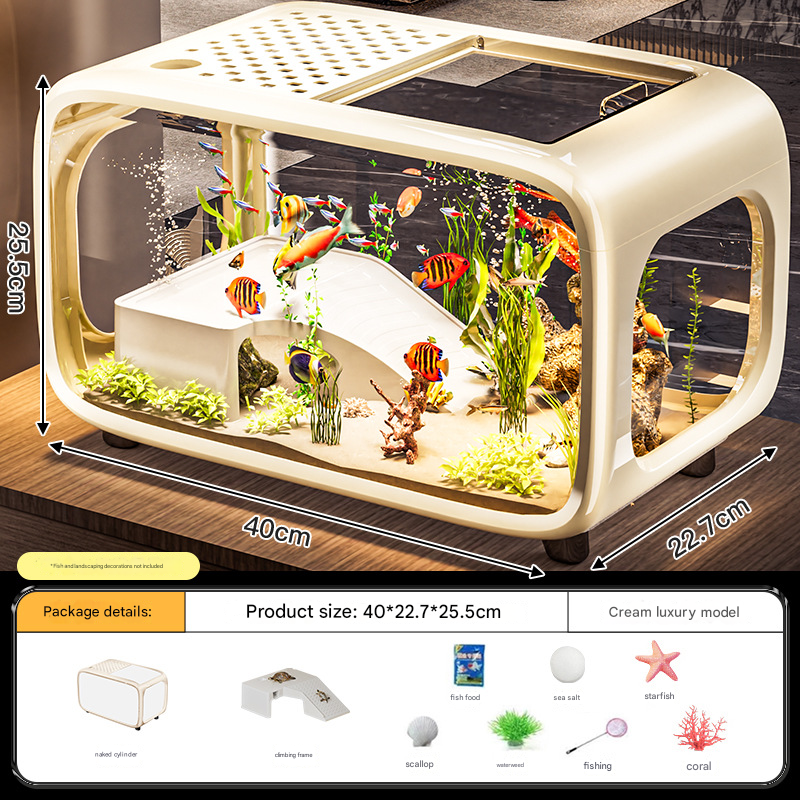 Cream color Modern Desktop Aquarium & Turtle Tank - Panoramic Viewing Fish Tank with Basking Platform & Lid