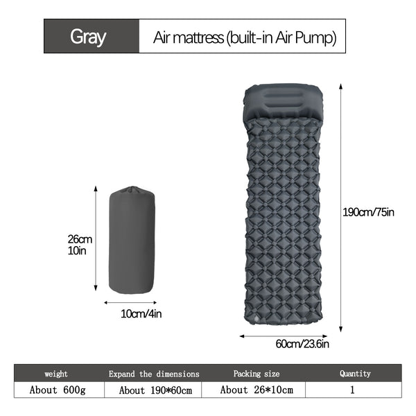 Grey Ultralight Inflatable Sleeping Mat with Integrated Pillow