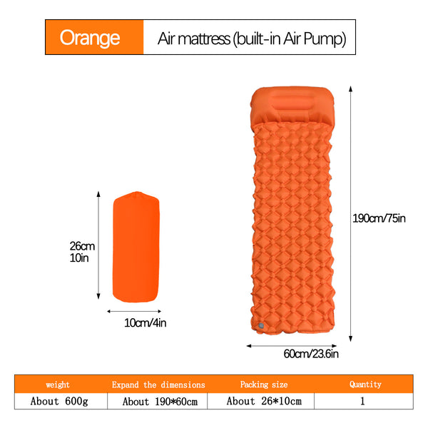 Orange Inflatable Camping Sleeping Pad with Integrated Pillow