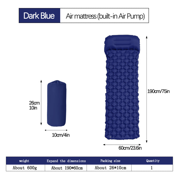 Dark Blue Inflatable Camping Sleeping Mat with Integrated Pillow
