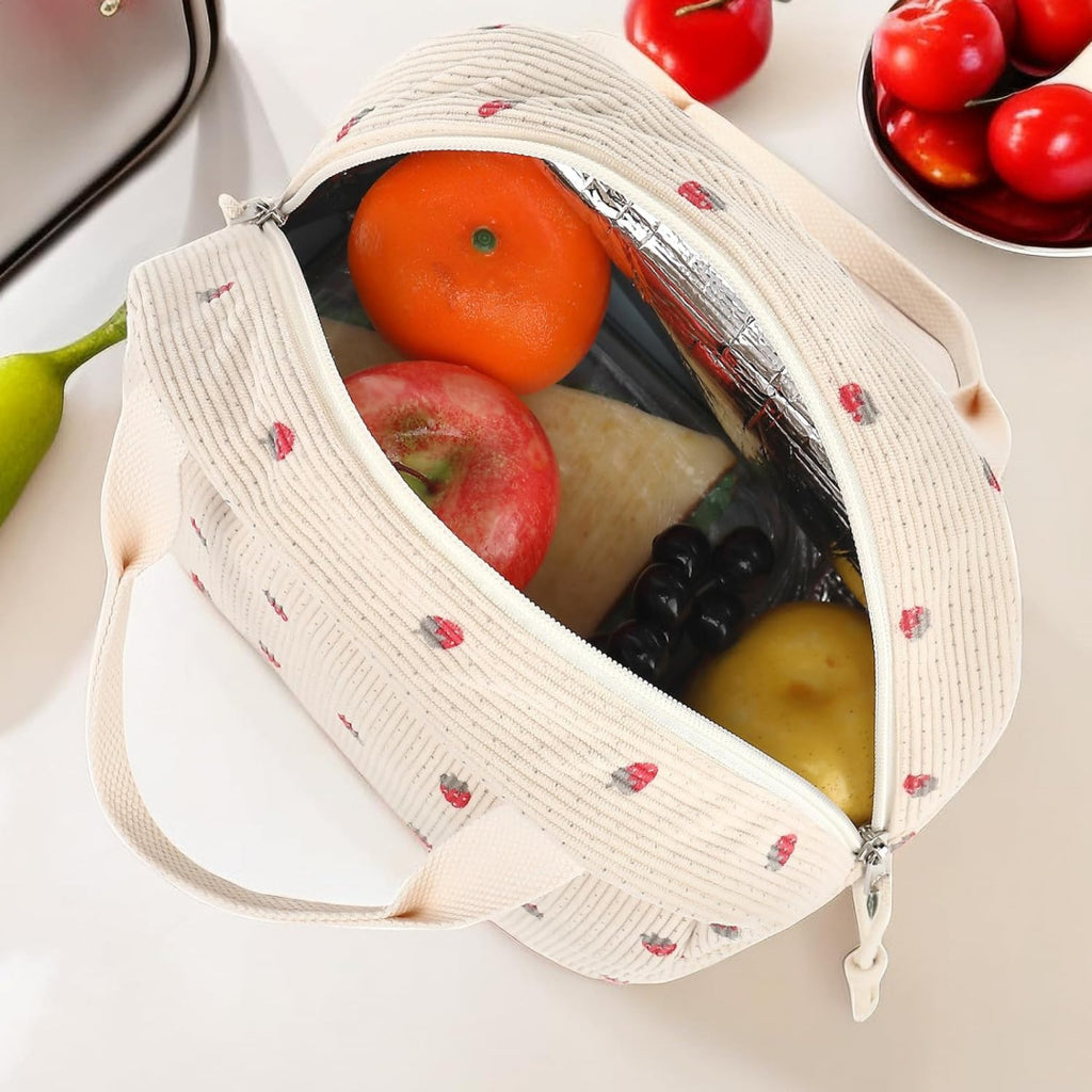 Beige Strawberry Pattern Corduroy Lunch Bag - Insulated Thermal Cooler Tote for School Work and Picnics