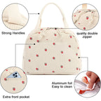 Beige Strawberry Pattern Corduroy Lunch Bag - Insulated Thermal Cooler Tote for School Work and Picnics