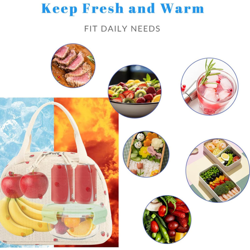 Beige Strawberry Pattern Corduroy Lunch Bag - Insulated Thermal Cooler Tote for School Work and Picnics