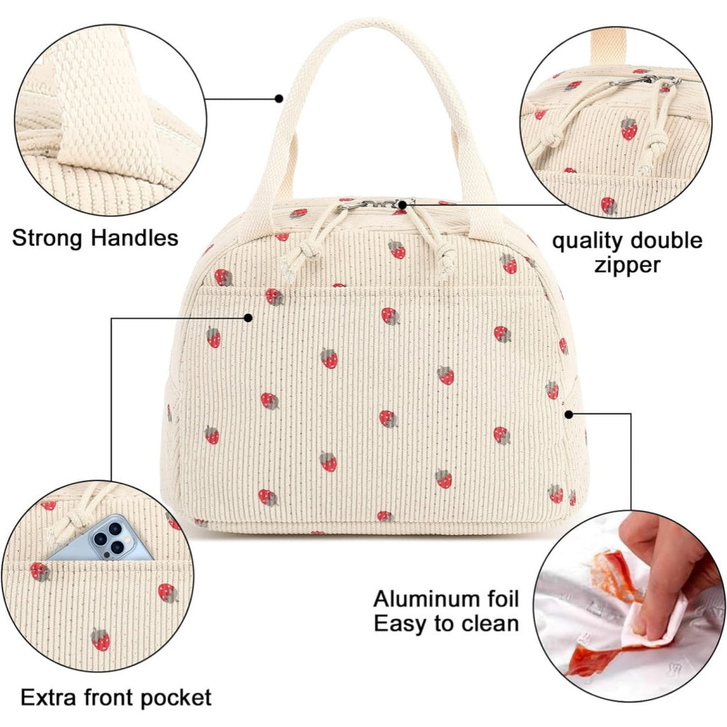 Black and White Checkered Pattern Corduroy Lunch Bag - Insulated Thermal Cooler Tote for School Work and Picnics