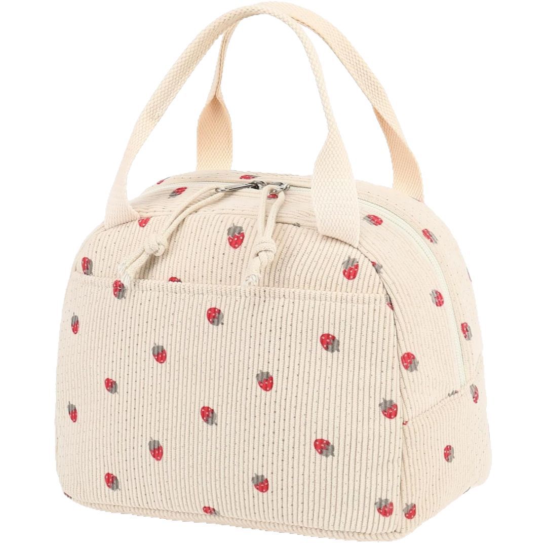 Black and White Checkered Pattern Corduroy Lunch Bag - Insulated Thermal Cooler Tote for School Work and Picnics