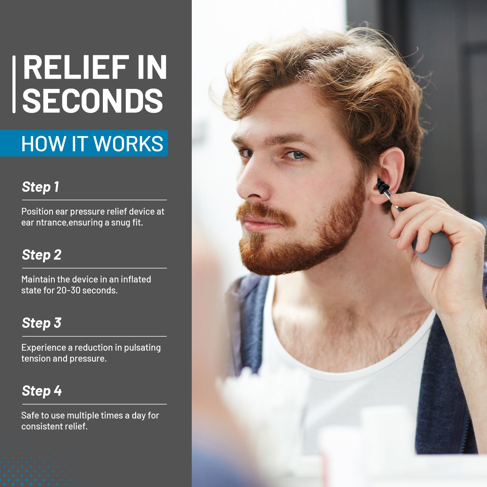 Grey Portable Manual Ear Massager - Natural Relief and Decompression Tool, Inner Ear Pressure Stimulator Device
