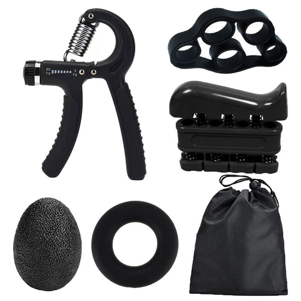 Black 5 in 1 Hand Grip Strengthener Kit Adjustable Resistance Finger Stretcher Stress Relief Ball and Grip Ring for Rehabilitation and Muscle Building