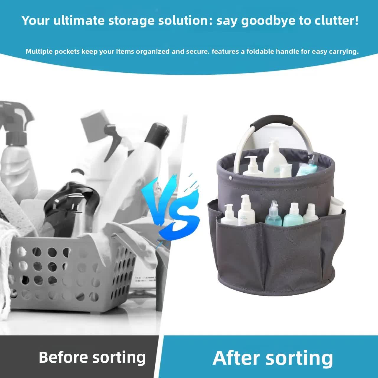 Black Multi-Function Collapsible Storage Basket with Drawstring Closure Portable Cleaning Caddy and Picnic Organiser Bag with Multiple Pockets