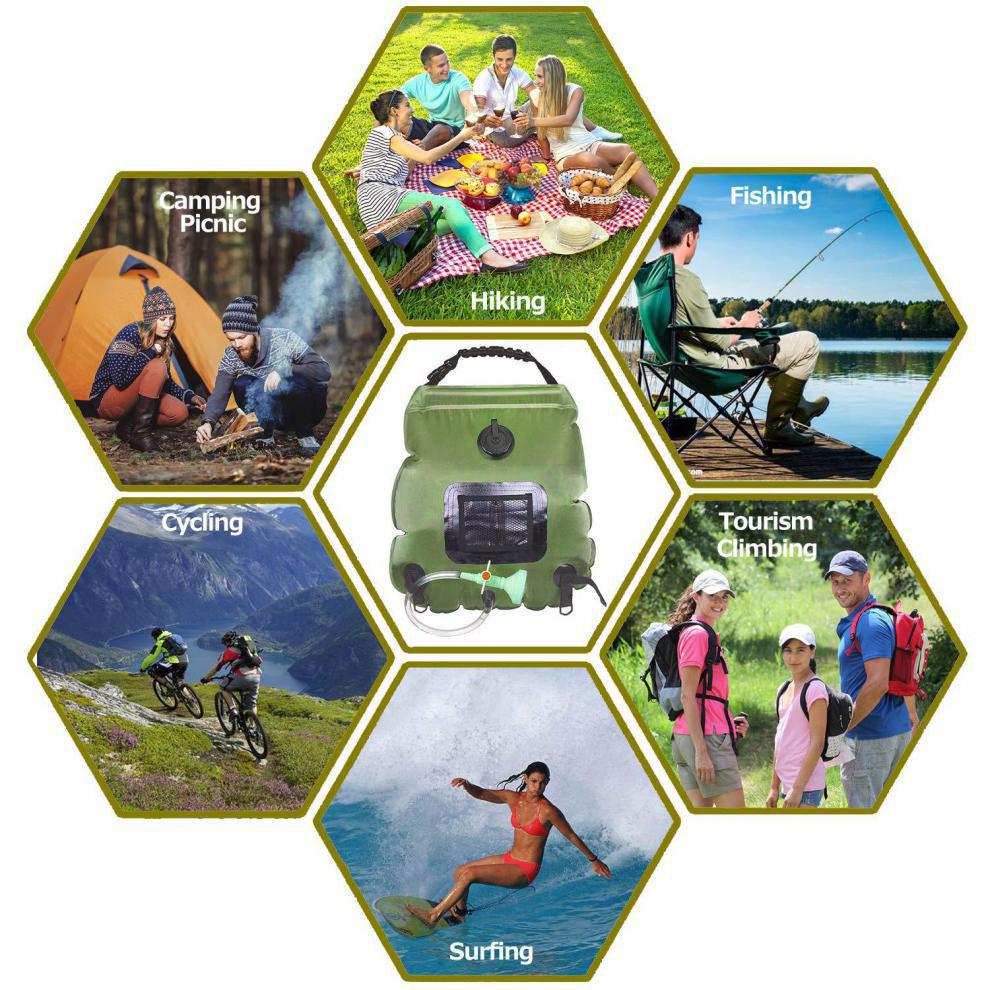 Black Portable Solar Camping Shower Bag 20L 5 Gallon Water Capacity Outdoor Bathing Bag with Removable Hose and Shower Head