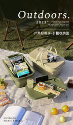 Collapsible Picnic Basket with Mini Table Lid Portable Folding Storage Crate with Cup Holders and Phone Stand Multi-Functional Outdoor Camping Sink Basin Grey