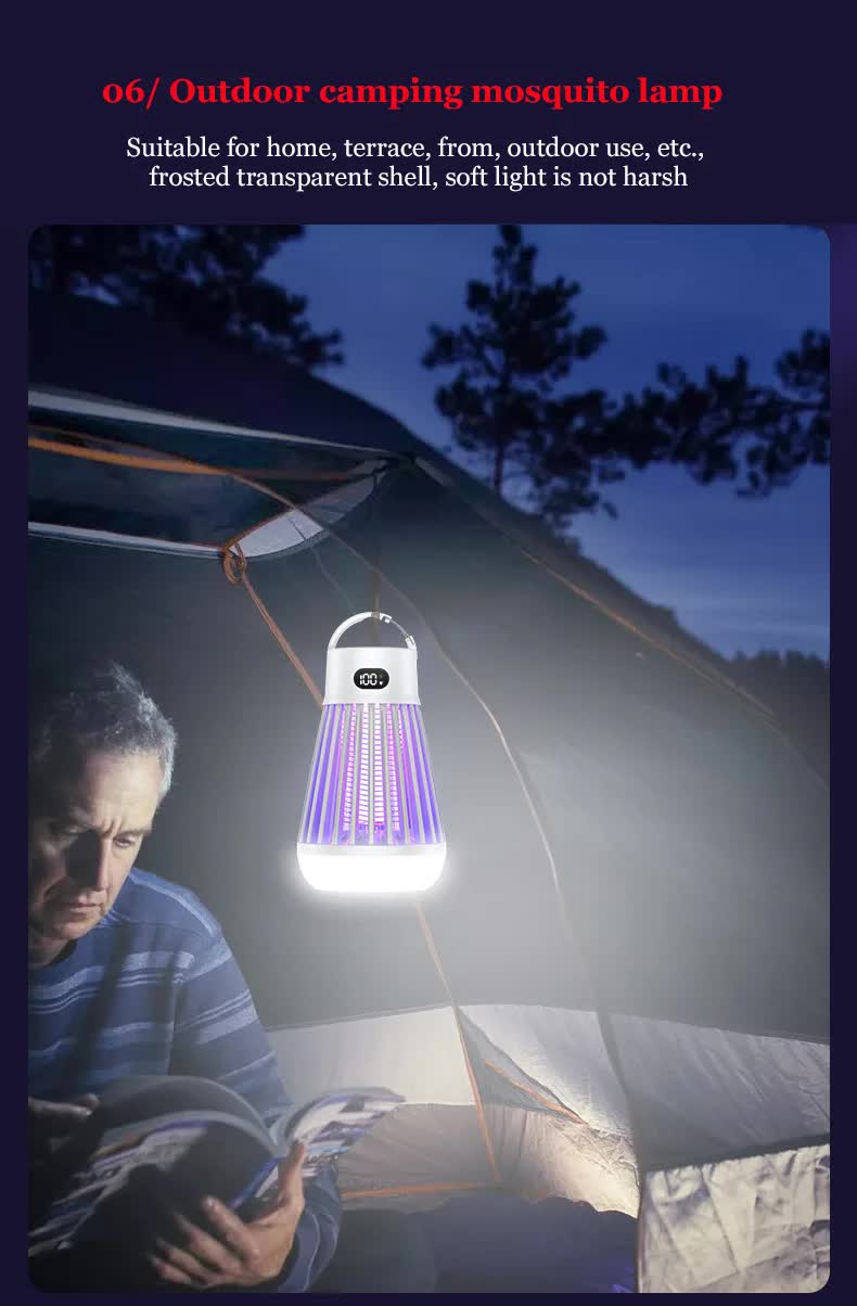 2-in-1 Rechargeable Mosquito Zapper & Camping Lantern - 2000V Electric Insect Killer with Smart Digital Display - 2000mAh Battery Portable Bug Trap for Outdoor Tent Patio & Home - IPX5 Waterproof - White