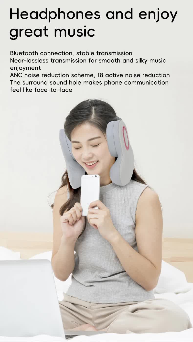 Smart 4-in-1 Travel Neck Pillow with ANC Headphones - Heated Vibration Massage & Bluetooth Audio - Memory Foam Support for Planes & Home - Beige
