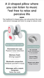 Smart 4-in-1 Travel Neck Pillow with ANC Headphones - Heated Vibration Massage & Bluetooth Audio - Memory Foam Support for Planes & Home - Beige
