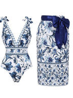S Size Blue Print Women's Sexy One-Piece Swimsuit Set With Matching Wrap Skirt  - European/American Style Bikini with Built-in Pads