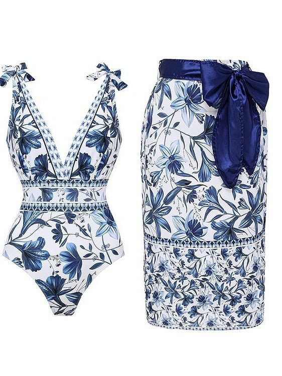 S Size Blue Print Women's Sexy One-Piece Swimsuit Set With Matching Wrap Skirt  - European/American Style Bikini with Built-in Pads
