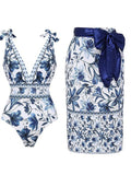 L Size Blue Print Women's Sexy One-Piece Swimsuit Set With Matching Wrap Skirt  - European/American Style Bikini with Built-in Pads