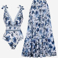 XXL Size Blue Print Women's Sexy One-Piece Swimsuit Set With Matching Long Dress  - European/American Style Bikini with Built-in Pads