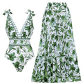 XXL Size Green Print Women's Sexy One-Piece Swimsuit Set With Matching Long Dress  - European/American Style Bikini with Built-in Pads