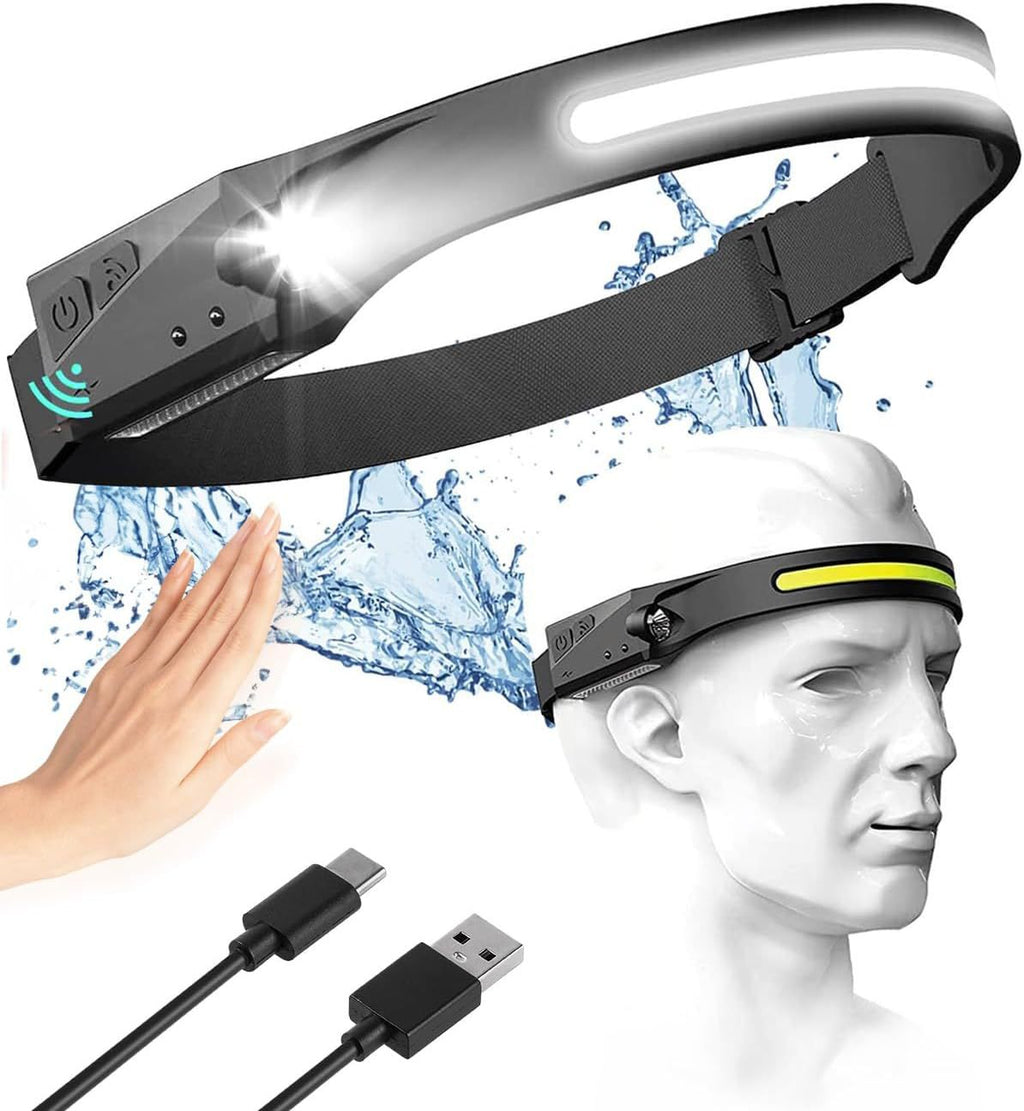 Adjustable High-Lumen Rechargeable COB LED Headlamp - 230° Wide Beam Head Torch with Wave Sensor for Camping, Hiking & Fishing