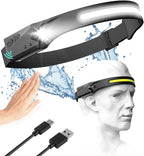 Adjustable High-Lumen Rechargeable COB LED Headlamp - 230° Wide Beam Head Torch with Wave Sensor for Camping, Hiking & Fishing