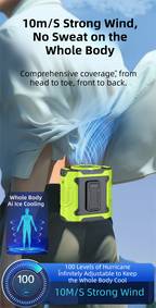 Black Portable Waist Fan - Construction Site Cooling Solution with 360° Turbo Ice Engine, 100 Speed Gears, and LED Light