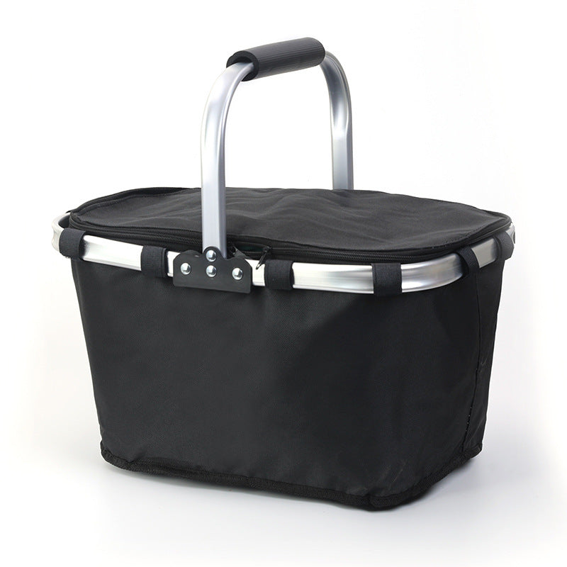 Black Foldable Insulated Picnic Basket With Zipper Lid & Handle - Modern Minimalist Large Capacity Thermal Shopping Basket for Grocery, Camping, and Meal Delivery