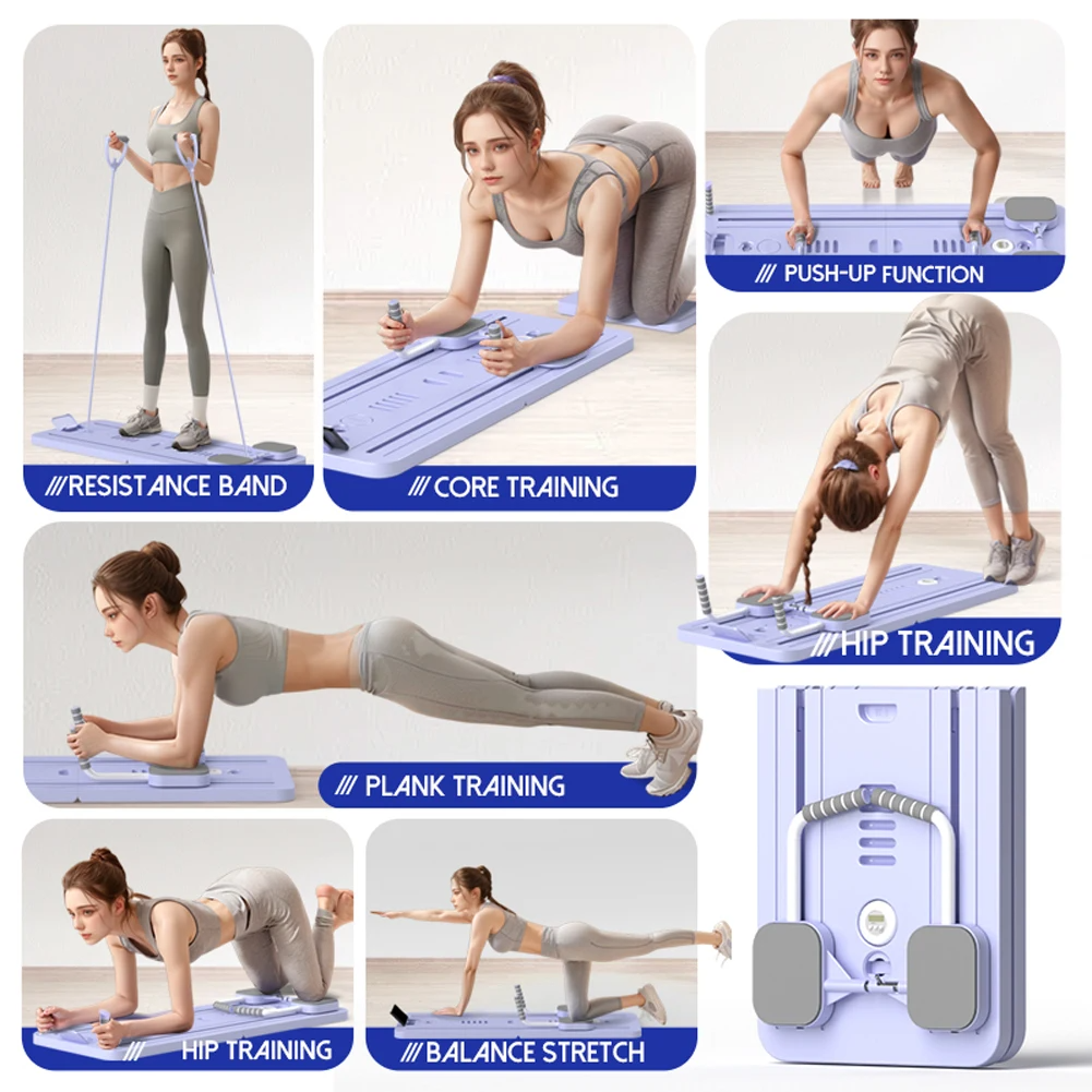 Purple Multi-functional Core Training Board with Digital Timer and Resistance Bands Foldable Fitness Panel for Home Abdominal and Pilates Workouts Solution