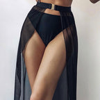Black High-Waisted White Swim Skirt with Gold Buckle Belt – Elegant Long Beach Cover-Up for Women, Ideal for Poolside and Tropical Vacations(Size: M)