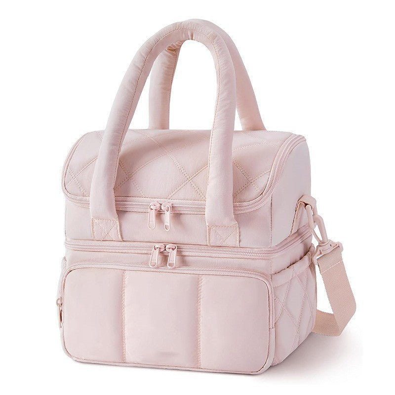 Pink Double-Layer Insulated Lunch Bag – Quilted Design with Top and Bottom Compartments, Shoulder Strap, and Smooth Two-Way Zippers