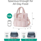 Pink Double-Layer Insulated Lunch Bag – Quilted Design with Top and Bottom Compartments, Shoulder Strap, and Smooth Two-Way Zippers
