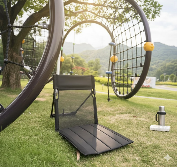 Portable Ground Chair with Back Support - Foldable Outdoor Floor Seat with Sturdy Iron Frame - Black Oxford Fabric for Picnics, Festivals & Camping