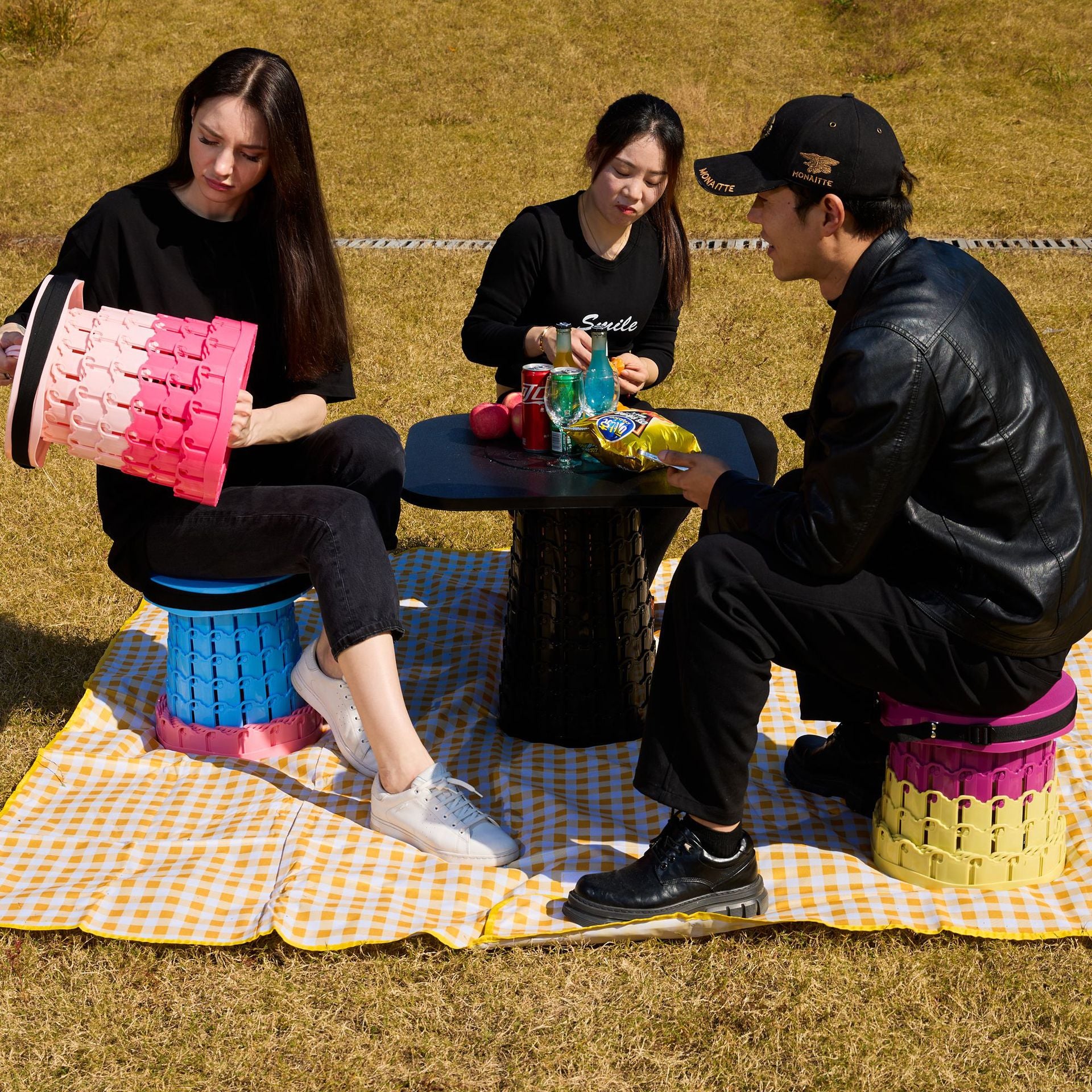 Portable Retractable Stool MAX Gen 8 Telescopic Camping Seat 50cm Tall Extra Wide Heavy Duty Sapphire Blue & Primrose Pink for Outdoor Events