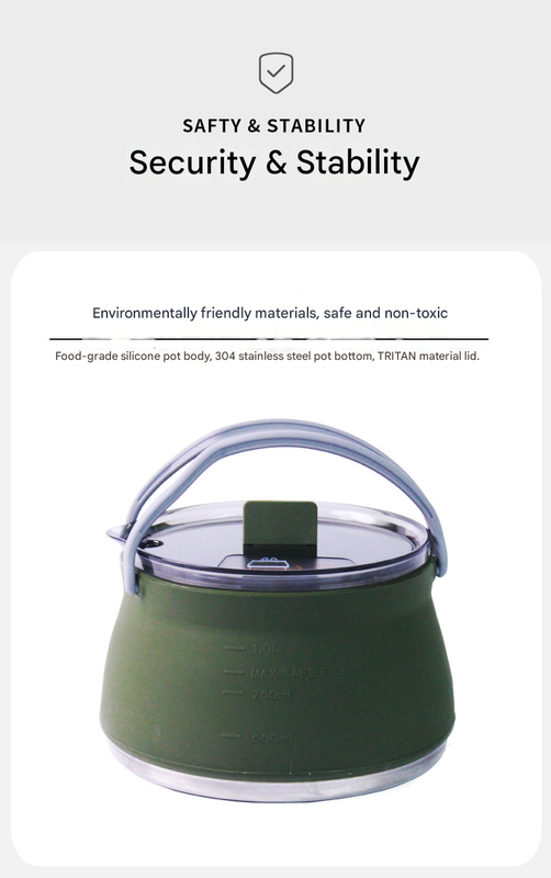 Blue 1L Portable Collapsible Camping Kettle - Food-Grade Silicone Body with 304 Stainless Steel Base, Compatible with Induction & Gas Stoves